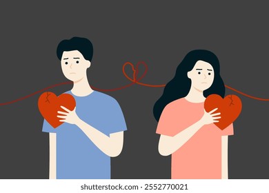 Depressed sad couple hand holding cracked heart. Loneliness, feeling, love, betrayal, relationship, divorce, breakup. Flat people character vector design illustration with broken heart line .