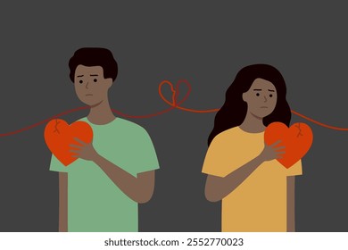 Depressed sad couple hand holding cracked heart. Loneliness, feeling, love, betrayal, relationship, divorce, breakup. Flat people character vector design illustration with broken heart line .