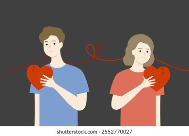 Depressed sad couple hand holding cracked heart. Loneliness, feeling, love, betrayal, relationship, divorce, breakup. Flat people character vector design illustration with broken heart line .