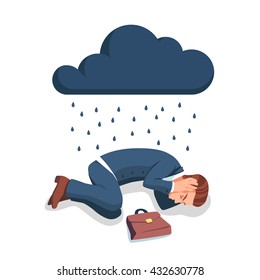 Depressed, Sad And Frustrated Business Man Lying On The Floor In Embryo Pose And Rain Is Pouring On Him From Big Dark Cloud. Crying Unemployed Businessman. Flat Style Vector Illustration Clipart.