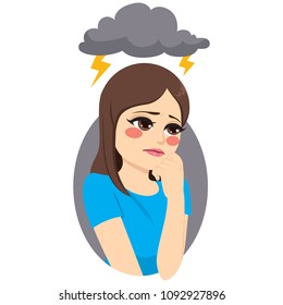 Depressed sad girl with dark cloud and thunders over head sadness concept