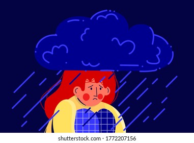 Depressed sad girl sitting and hugging her knees under a cloud with rain. The concept of support and care for people under stress. Psychology, bad mood. Stock vector illustration.