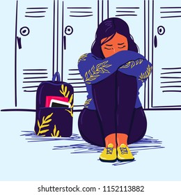 Depressed sad girl sitting on the floor. Depressed teenager. Unhappy sad woman and stressed student. Creative vector illustration.