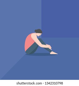 depressed sad girl sitting on floor and hugging her knees. Woman character in depression. female feel alone. depression concept. flat vector illustration.