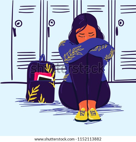 Depressed sad girl sitting on the floor. Depressed teenager. Unhappy sad woman and stressed student. Creative vector illustration.