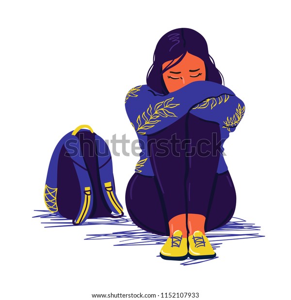 落ち込んだ悲しい女の子が床に座っている 落ち込んだ10代 不幸な