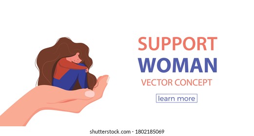 Depressed sad lonely woman in anxiety, sorrow vector cartoon illustration. Loneliness concept of depression with stressed girl on hand holding her knees need psychotherapy help, empathy, support