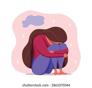 Depressed Sad Lonely Woman In Anxiety, Sorrow Vector Cartoon Illustration. Loneliness Concept Of Depression With Stressed Girl Sitting And Holding Her Knees Need Psychotherapy Help, Empathy, Support