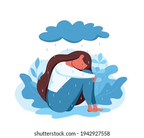 Depressed sad lonely woman in anxiety, sorrow vector cartoon illustration. Loneliness concept of depression with stressed girl under rain holding her knees need psychotherapy help, empathy, support