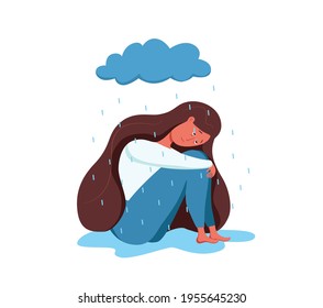 Depressed sad lonely woman in anxiety, sorrow vector cartoon illustration. Loneliness concept of depression with stressed girl under rain holding her knees need psychotherapy help, empathy, support