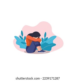 Depressed sad lonely woman in anxiety, sorrow vector cartoon illustration. Loneliness concept of depression with stressed girl sitting and holding her knees need psychotherapy help, empathy, support