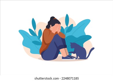 Depressed sad lonely woman in anxiety with cat, sorrow vector cartoon illustration. Loneliness concept of depression with stressed girl sitting and holding her knees need psychotherapy help, 