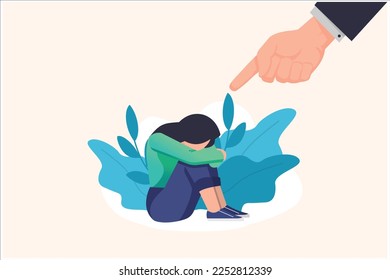 Depressed sad lonely woman in anxiety, sorrow vector cartoon illustration. Loneliness concept of depression with stressed girl sitting and holding her knees need psychotherapy help,