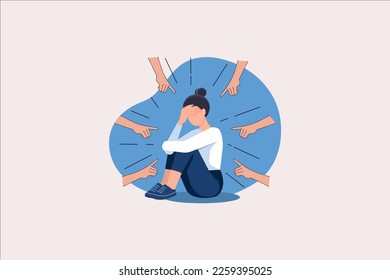 Depressed sad lonely woman in anxiety, sorrow vector cartoon illustration. Loneliness concept of depression with stressed girl sitting and holding her knees need psychotherapy help,