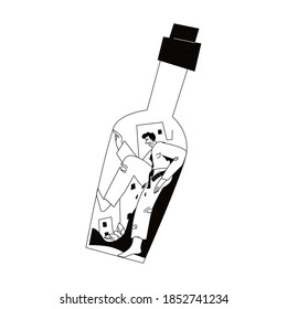 depressed and sad man chained and shackled to a big bottle of alcohol drink. Alcoholic addicted to  Flat style concept vector illustration isolated on white vector