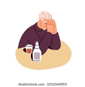 Depressed sad man crying and drinking alcohol. Desperate unhappy person in grief, sorrow, weeping, sobbing in distress, despair, depression. Flat vector illustration isolated on white background