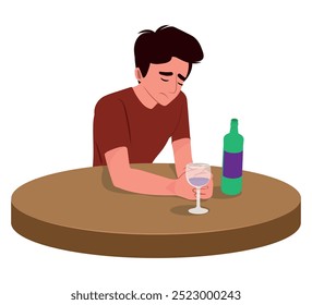 Depressed sad man crying and drinking alcohol. Desperate unhappy person in grief, sorrow, weeping, sobbing in distress, despair, depression. Flat vector illustration isolated on white background.