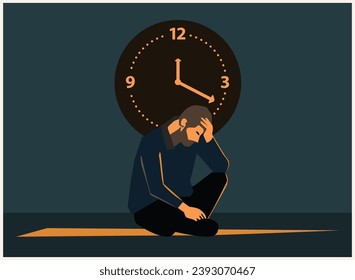 a depressed sad man, sitting on floor, clock on wall, dark black gloomy background, life struggle crisis concept art