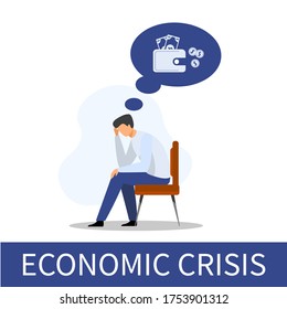 Depressed sad man thinking over financial problems and debts. Businessman broke, needing money, having unpaid loan. Vector illustration for bankruptcy, loss, crisis, trouble concept