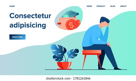 Hombre triste y deprimido que piensa en problemas financieros y deudas. Empresario se rompió, necesitó dinero, y tuvo un préstamo impagado. Ilustración vectorial para concepto de quiebra, pérdida, crisis, problemas