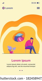 Depressed sad man thinking over financial problems and debts. Businessman broke, needing money, having unpaid loan. Vector illustration for bankruptcy, loss, crisis, trouble concept