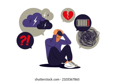 Depressed sad man thinking over problems. Bankruptcy, loss, crisis, burnout syndrome, relationship trouble concept. Vector illustration. Flat.