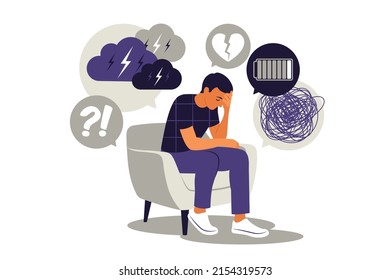 Depressed sad man thinking over problems. Bankruptcy, loss, crisis, burnout syndrome, relationship trouble concept. Vector illustration. Flat. svg