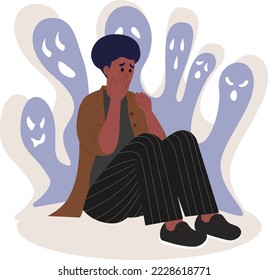 Depressed sad man thinking over problems. Bankruptcy, loss, crisis, burnout syndrome, relationship trouble concept. Vector illustration. Flat.