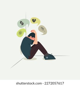 Depressed sad man thinking over problems vector illustration