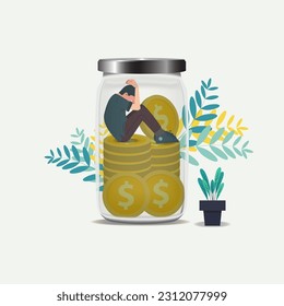 Depressed sad man thinking over problems sitting in the jar with coins design vector illustration