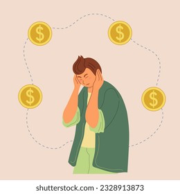 Depressed sad man thinking over financial problems and debts. Needing money. Vector illustration for bankruptcy, loss, crisis, trouble concept.