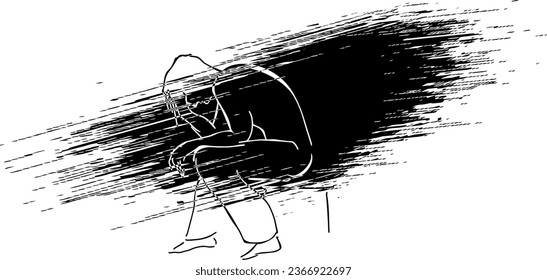 Depressed sad man thinking over problems. Bankruptcy, loss, crisis, burnout syndrome, relationship trouble concept. Vector illustration.