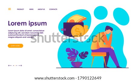 Depressed sad man thinking over financial problems and debts. Businessman broke, needing money, having unpaid loan. Vector illustration for bankruptcy, loss, crisis, trouble concept
