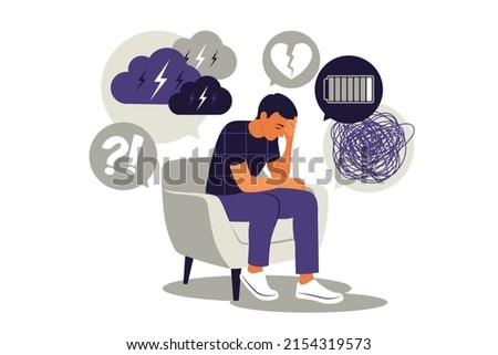 Depressed sad man thinking over problems. Bankruptcy, loss, crisis, burnout syndrome, relationship trouble concept. Vector illustration. Flat.