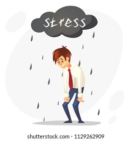 Deprimido y triste personaje de trabajador de oficina. Estrés en el trabajo. Sobrecargado de trabajo. Vector ilustración plana de dibujos animados.