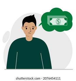 Depressed sad person thinks about financial problems and debt. A man needs money. Vector illustration of bankruptcy, loss, crisis, financial collapse