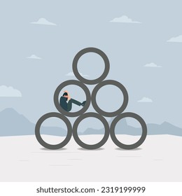 Depressed sad sitting inside buis concrete pipe culvert vector illustration