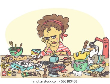 Depressed, sad and stressed woman sitting at messy table full with pastries items and ingredients