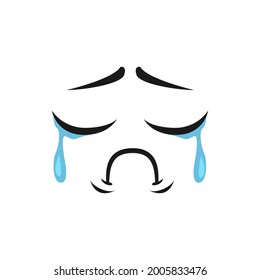 Depressed sad unhappy crying emoji isolated icon. Vector emoticon in sorrow, tears on face. Character face in bad mood, weeping emoticon, lonely feeling. Dissatisfied smiley, grief and depression