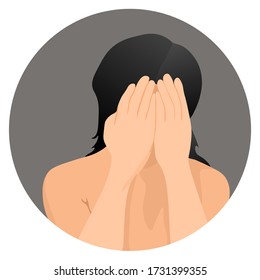 Depressed and sad woman covers her face with her hands. Flat design vector isolated on white background.