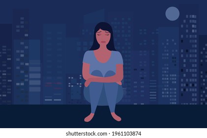 Depressed sad woman hugging her knees vector illustration. Depression disorder mental problem, insomnia and psychological problem concept