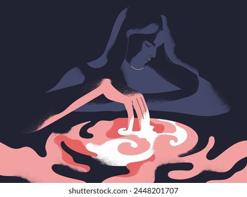 Depressive, traurige Frau. Psychologische Probleme, psychologische Krisen, Traurigkeit, Depressionen und Überdenken, abstraktes Konzept. Licht der Hoffnung in der Dunkelheit. Melancholische Silhouette. flache Vektorillustration