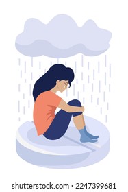 Depressed Sad woman sit on drug tablet. Depression pills isolated on white background. Depression drugs. Psychological illness concept. Vector illustration in flat cartoon style.