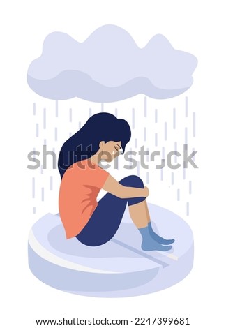 Depressed Sad woman sit on drug tablet. Depression pills isolated on white background. Depression drugs. Psychological illness concept. Vector illustration in flat cartoon style.