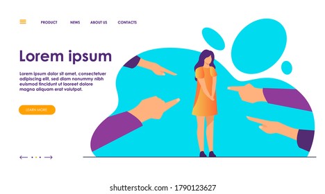 Depressed sad woman standing as victim flat vector illustration. Surrounded girl and fingers pointing at her. Conviction, indictment and social denunciation concept.