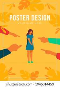 Depressed sad woman standing as victim flat vector illustration. Surrounded girl and fingers pointing at her. Conviction, indictment and social denunciation concept.