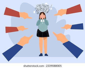 Depressed sad woman standing as victim flat vector illustration. Surrounded girl and fingers pointing at her. Conviction, indictment and social denunciation concept. vector illustration.