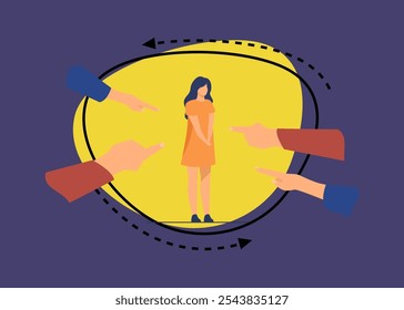 Depressed sad woman standing as victim flat vector illustration. Surrounded girl and fingers pointing at her. Conviction, indictment and social denunciation concept.