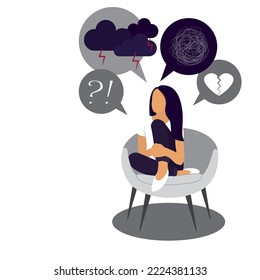 Depressed sad woman thinking over problems. Bankruptcy, loss, crisis, burnout syndrome, relationship trouble concept. Flat. Vector illustration on white background