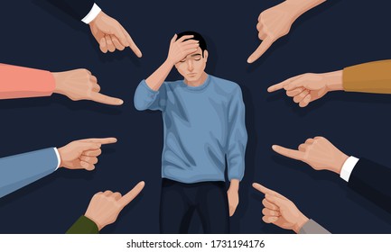 Depressed and sad young man surrounded by hands with index fingers pointing at he. Concept of guilt, accusation, public censure and victim blaming. Flat cartoon colorful vector illustration.